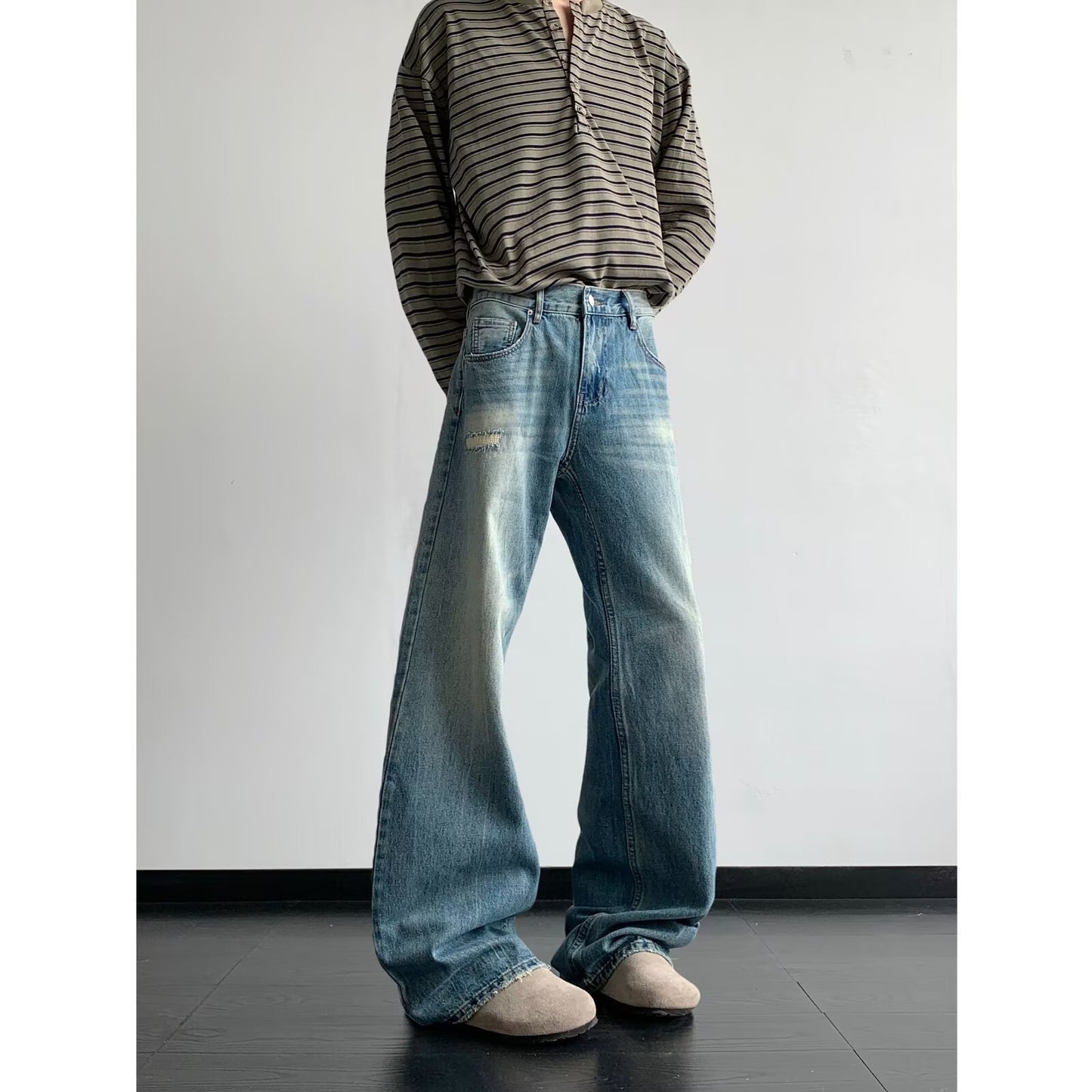 Light Blue Men's Cat Whisker Washed Wide Leg Casual Pants