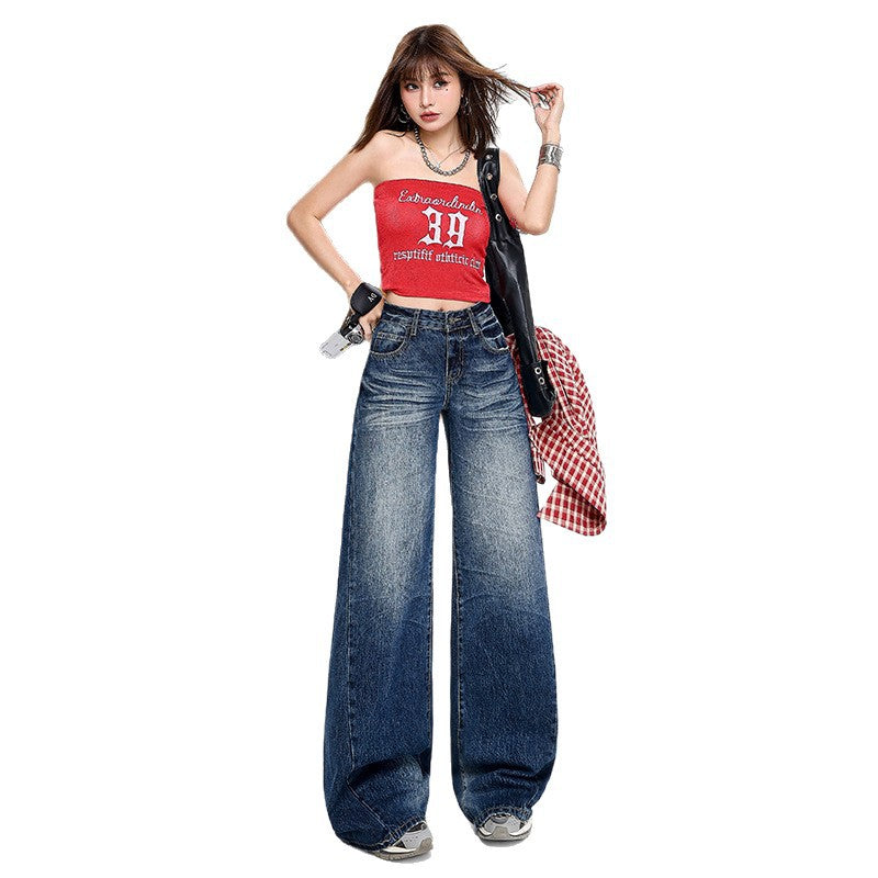 High Street Wrinkled Denim Pants for Women - Loose Drape Wide-Leg Trousers