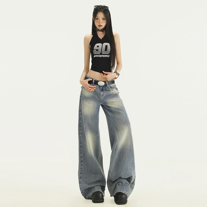 Gradient Washed Denim Pants for Women - Retro Loose Straight Leg Wide Leg Pants