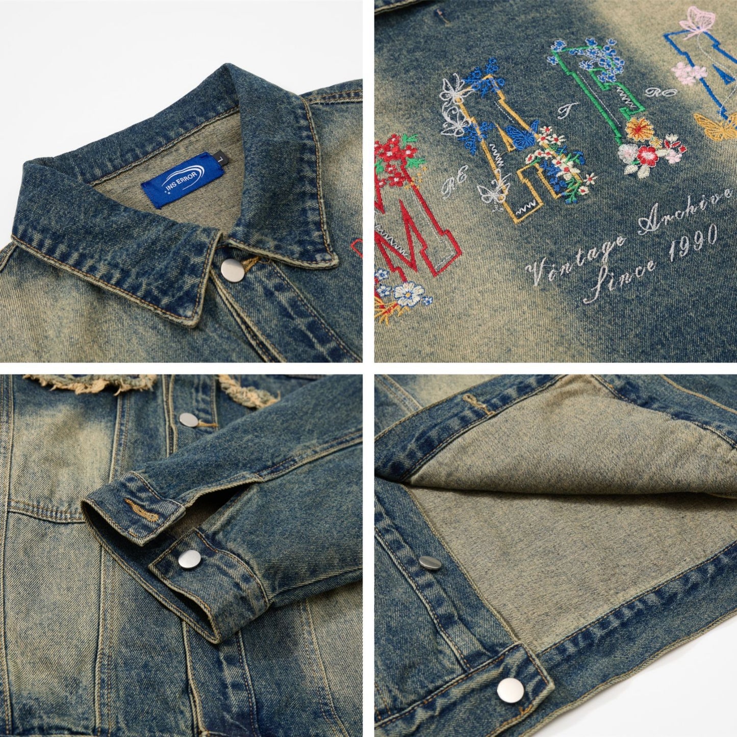 Streetwear Style Washed Denim Jacket with Colorful Letter Embroidery
