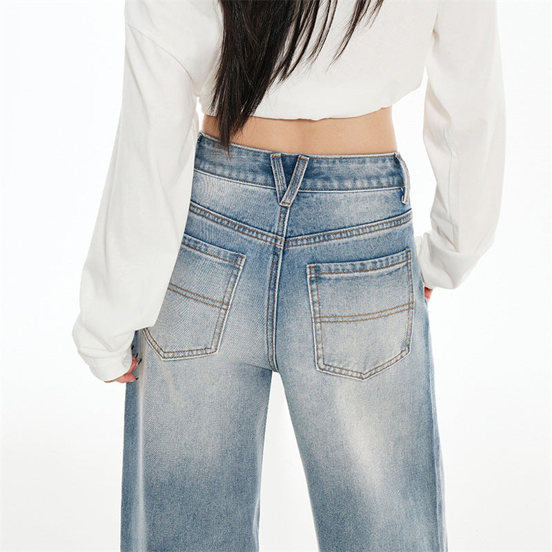 Washed Straight High Waist Jeans for Women - Slimming Embroidered Wide Leg Pants