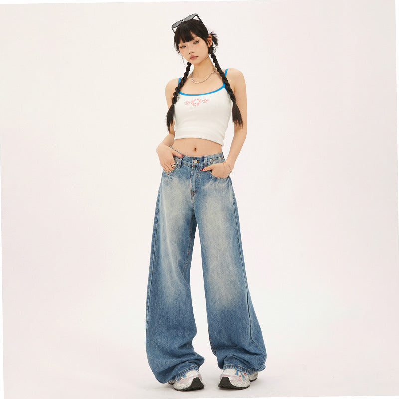 Women's Washed High-Waist Loose Extra-Long Wide-Leg Pants