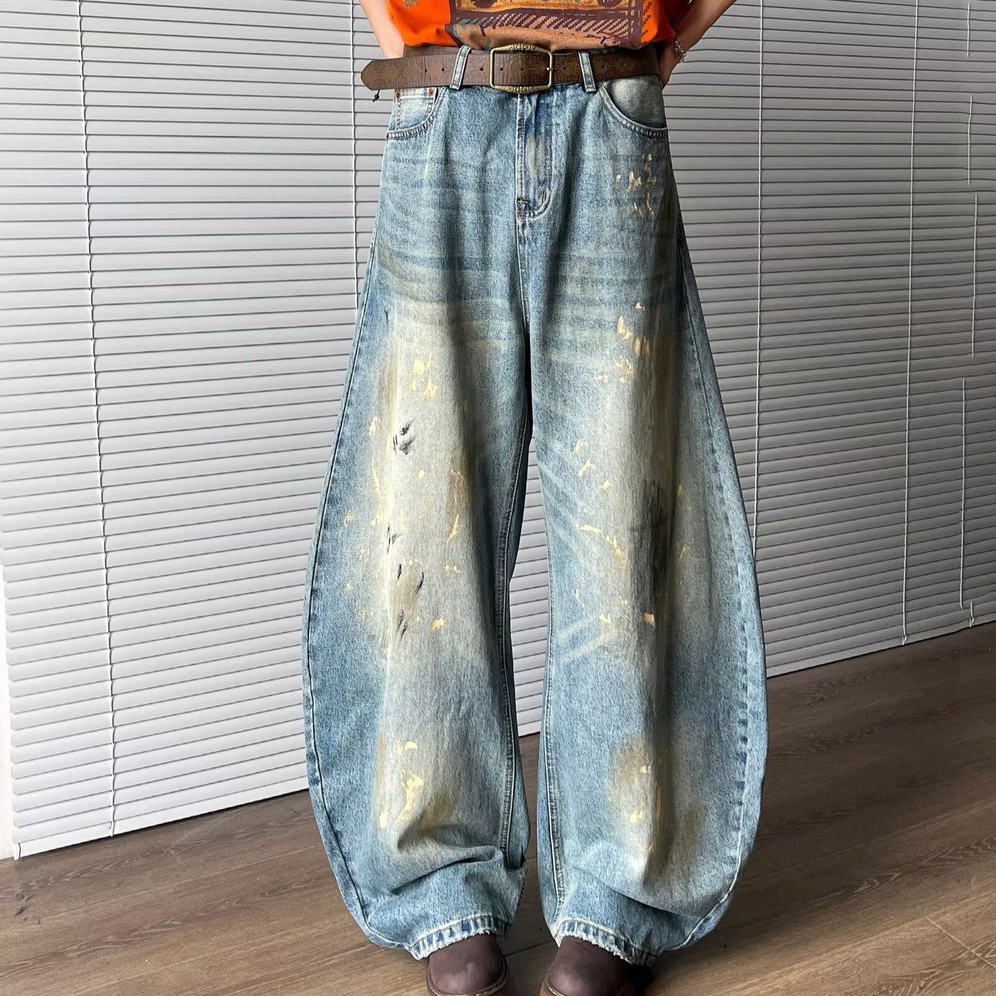 Retro Splash Ink Dirty Dye Destroyed Curved Knife Jeans