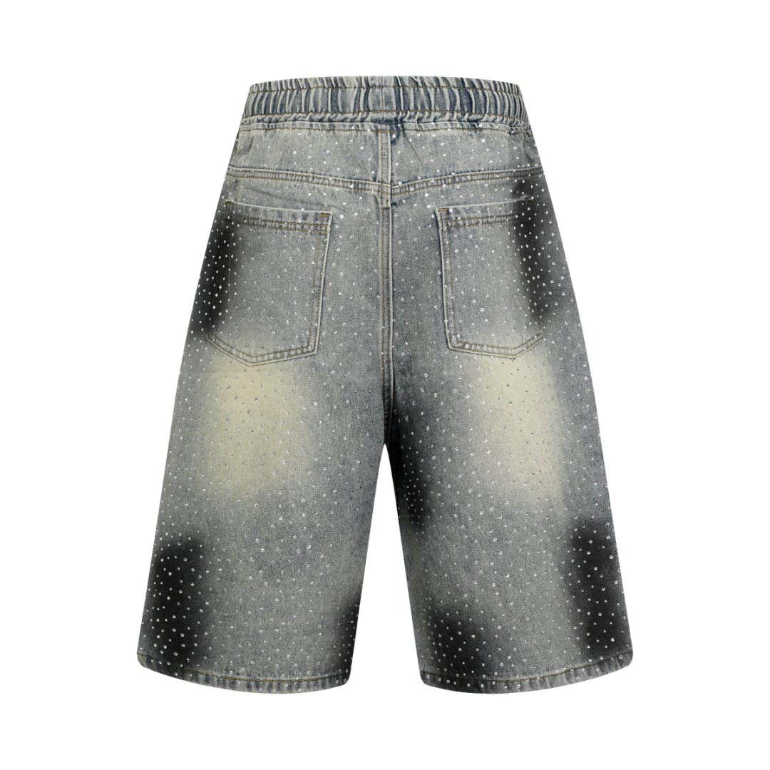 Washed Vintage Graffiti Rhinestone Denim Shorts for Men - Loose Fit Wide Leg Pants