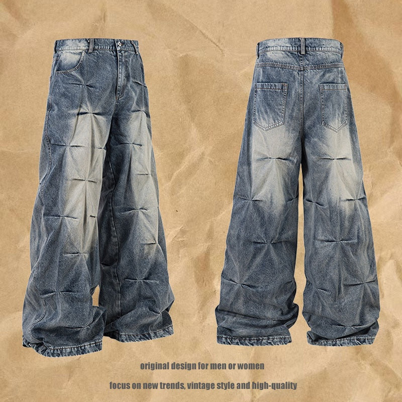 High Street Fashion Pleated Draped Denim Pants - Vintage Wide Leg Unisex