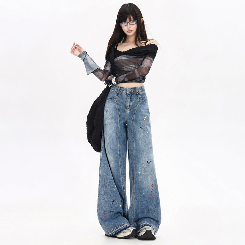Women's Loose Fit Distressed Graffiti Wide-Leg Denim Pants