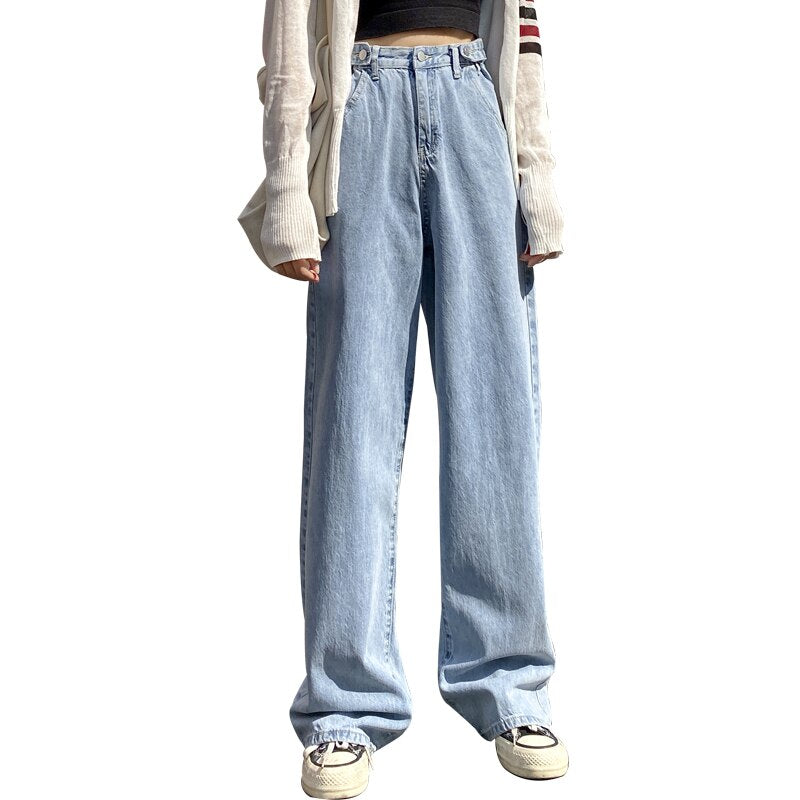 High Waist Wide Leg Denim Jeans for Women - Vintage Blue Streetwear