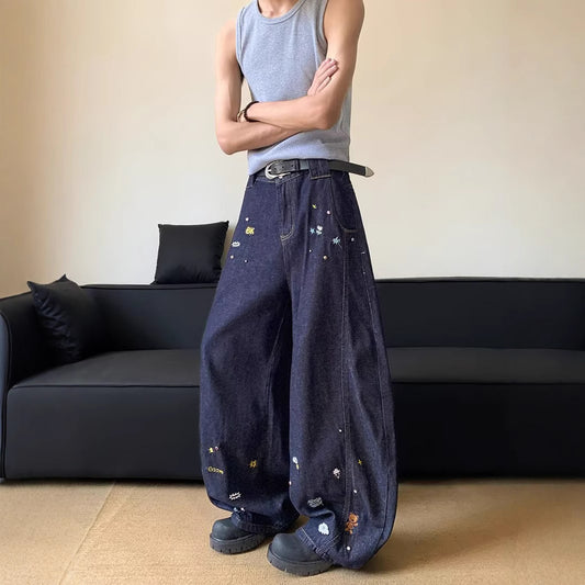 Retro Cartoon Embroidered Curved Knife Jeans