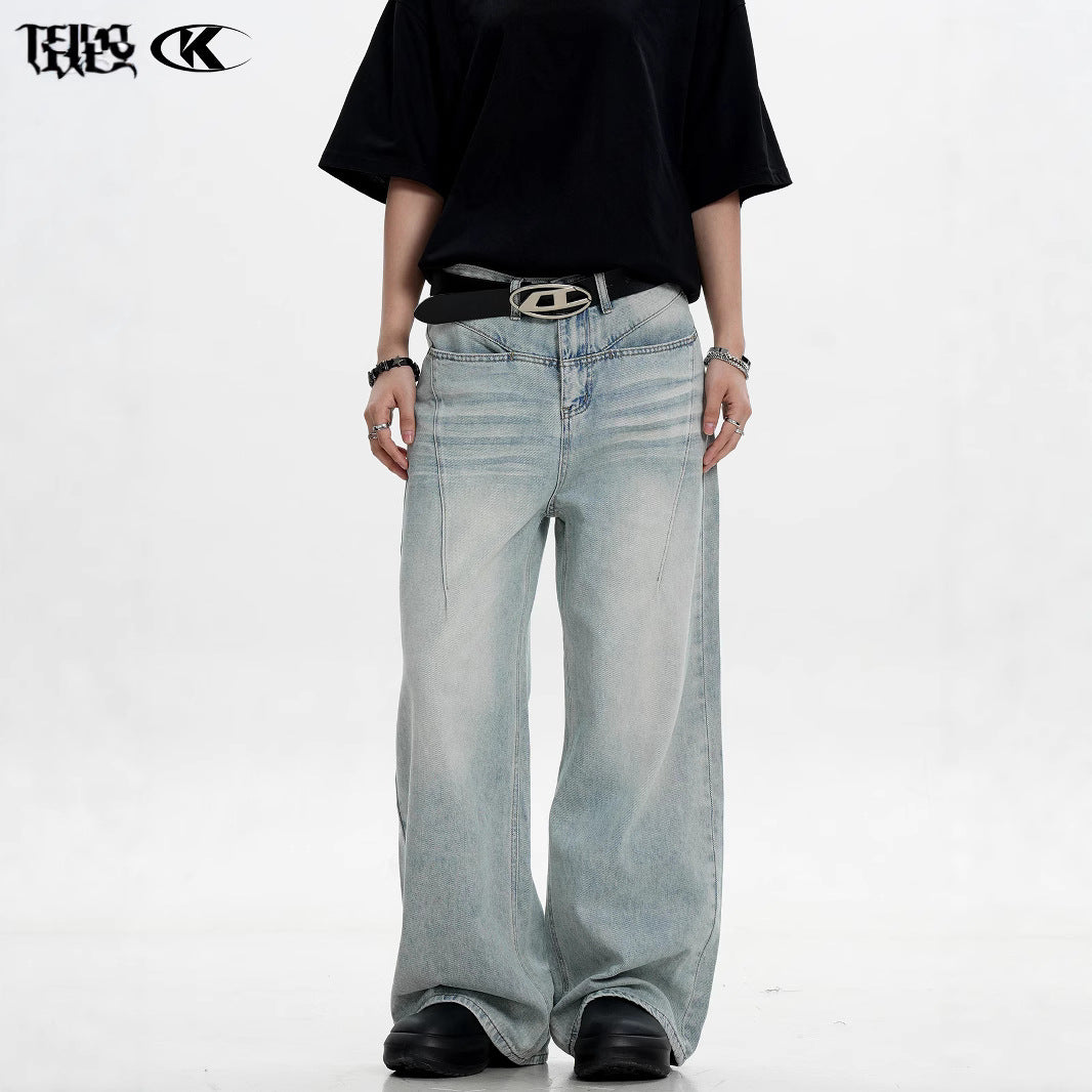 Water Washed Vintage Denim Pants - Men's and Women's Straight Fit Casual Trousers