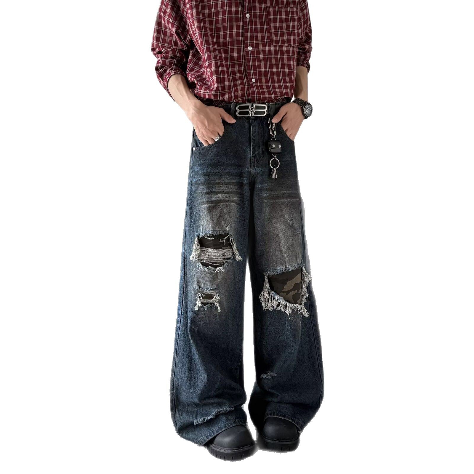 Retro Patch Distressed Camouflage Jeans for Men and Women