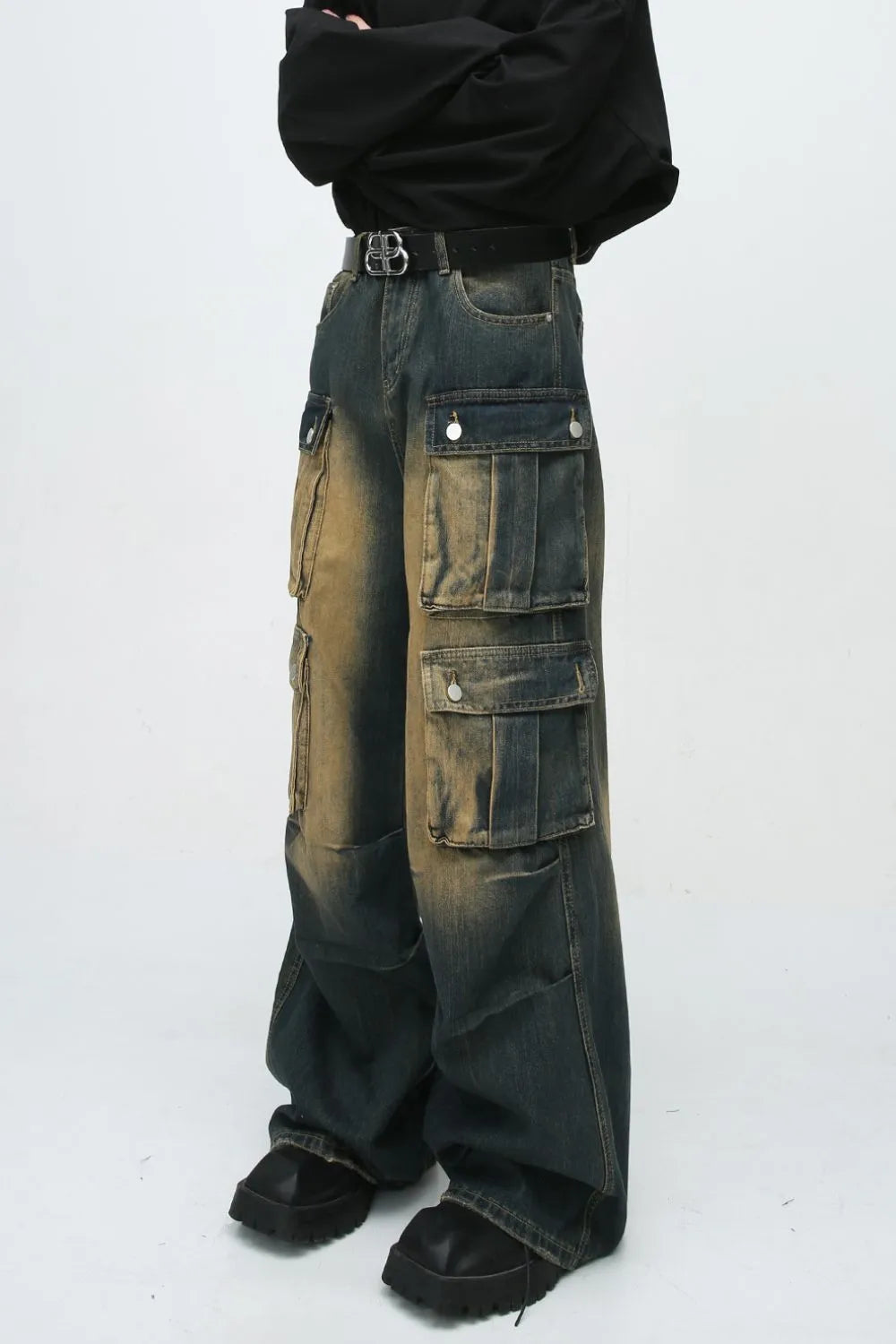 High Waist Jeans with Cargo Pockets - Premium Japanese Denim
