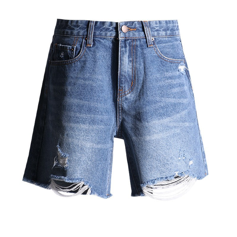 Blue Five-Quarter Denim Shorts for Women - Low Waist Ripped Straight Leg