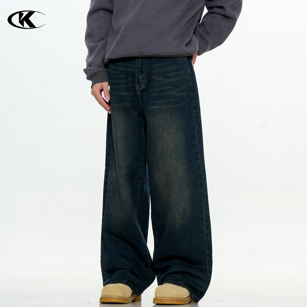 Water-Washed Distressed Loose Wide-Leg Rivet Punk Casual Long Pants