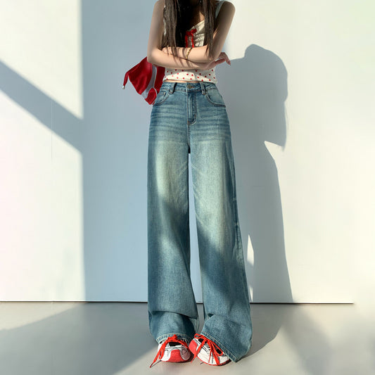 Klein Blue Wide-Leg Jeans for Women – Soft Elastic, Loose Drape, Straight Floor-Length Pants