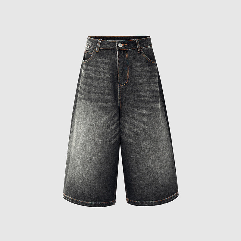 Women's Washed Seven-Quarter Denim Pants - Loose Straight Wide-Leg Mid-Length Trousers