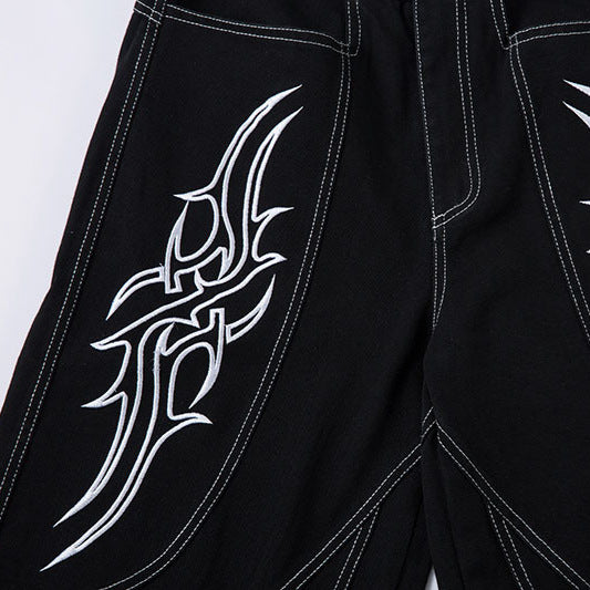 Wide Leg Long Pants with Thorns Embroidery - Unisex Trendy Denim