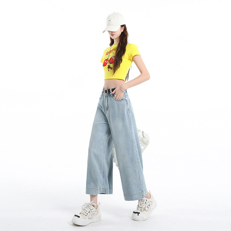 Light Blue Loose Straight Leg Cropped Ice Silk Wide Leg Pants for Women