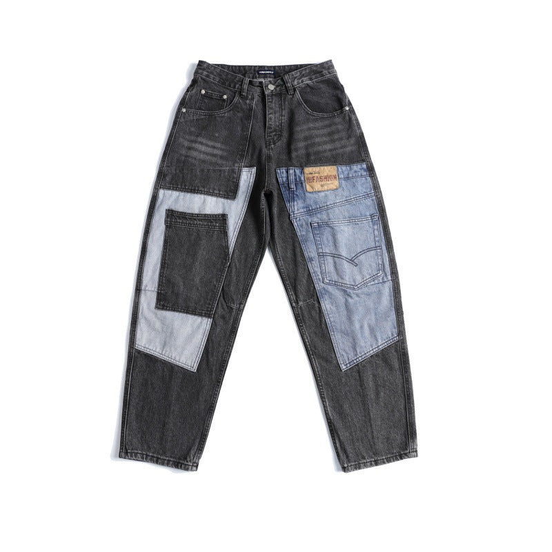 Men's Printed Straight Leg Wide Leg Patch Jeans - Premium Japanese Denim