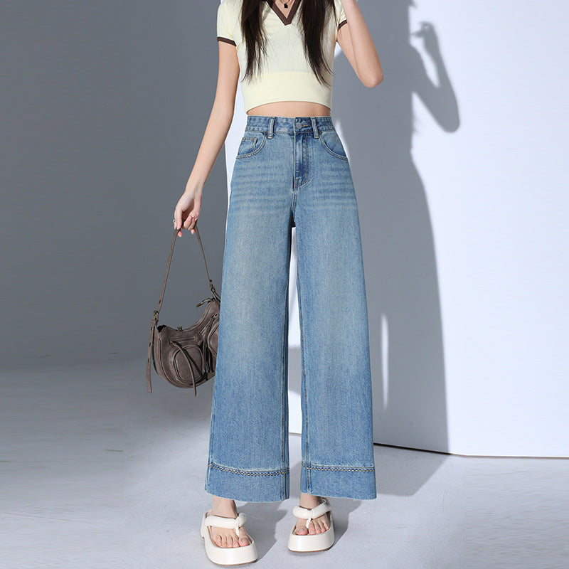Light Blue Casual Wide-Leg Jeans for Women - High-Waist Slimming Nine-Point Straight Leg Pants