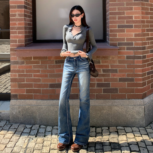 Retro Street Style Skinny Flare Jeans for Women - Low Waist Slim Fit Washed Frayed Bell Bottoms