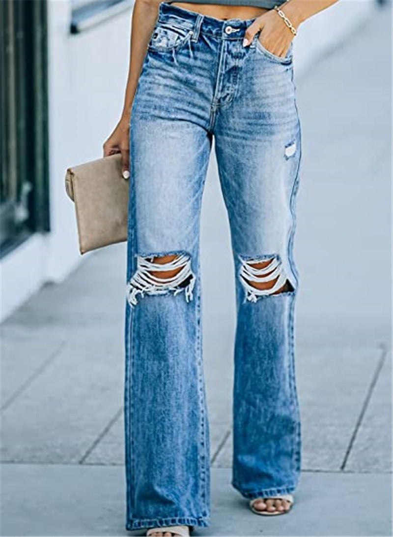 New Retro Ripped Wide Leg Pants - Casual Women's Street Jeans