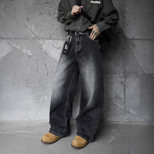 Vintage Washed Gradient Denim Pants for Men - Street Style Couple's Loose Fit