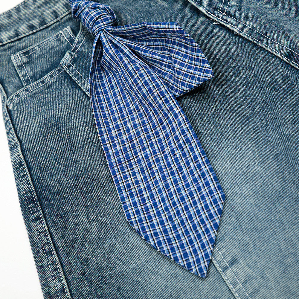 Punk Washed Distressed Denim Shorts for Men with Plaid Belt and Contrast Pockets