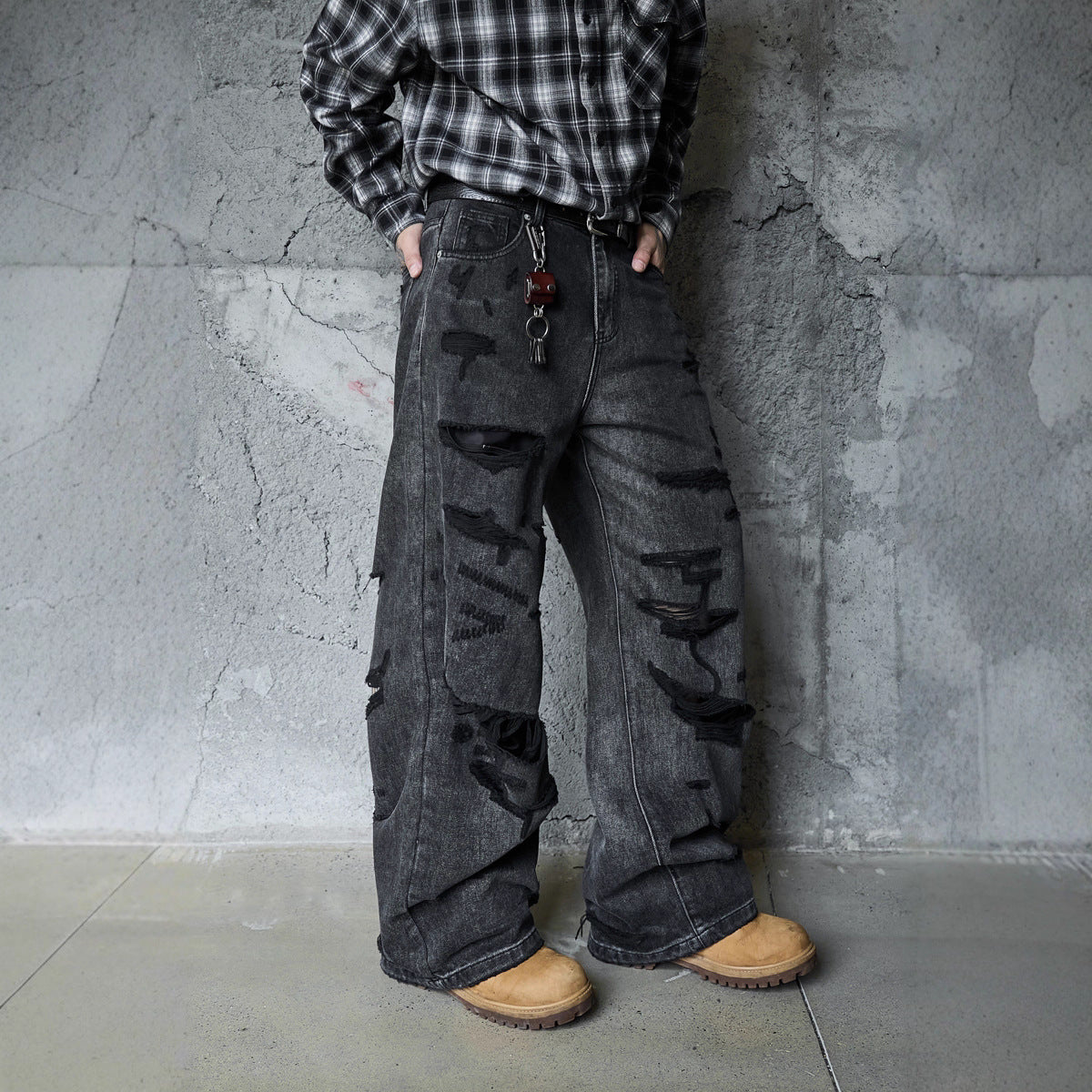 Men's Loose Wide Leg Denim Pants - High Street Post-Apocalyptic Style