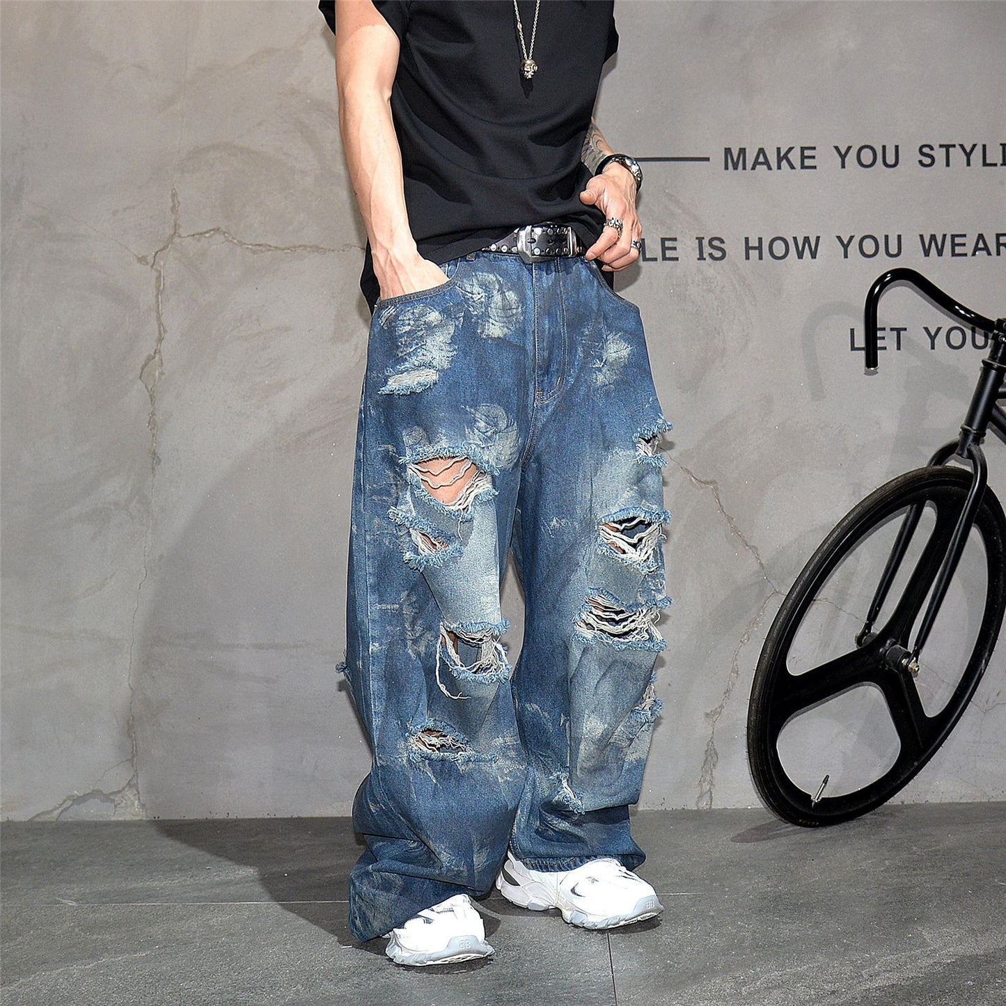 Retro Distressed Heavy-Duty Wide Leg Loose Jeans