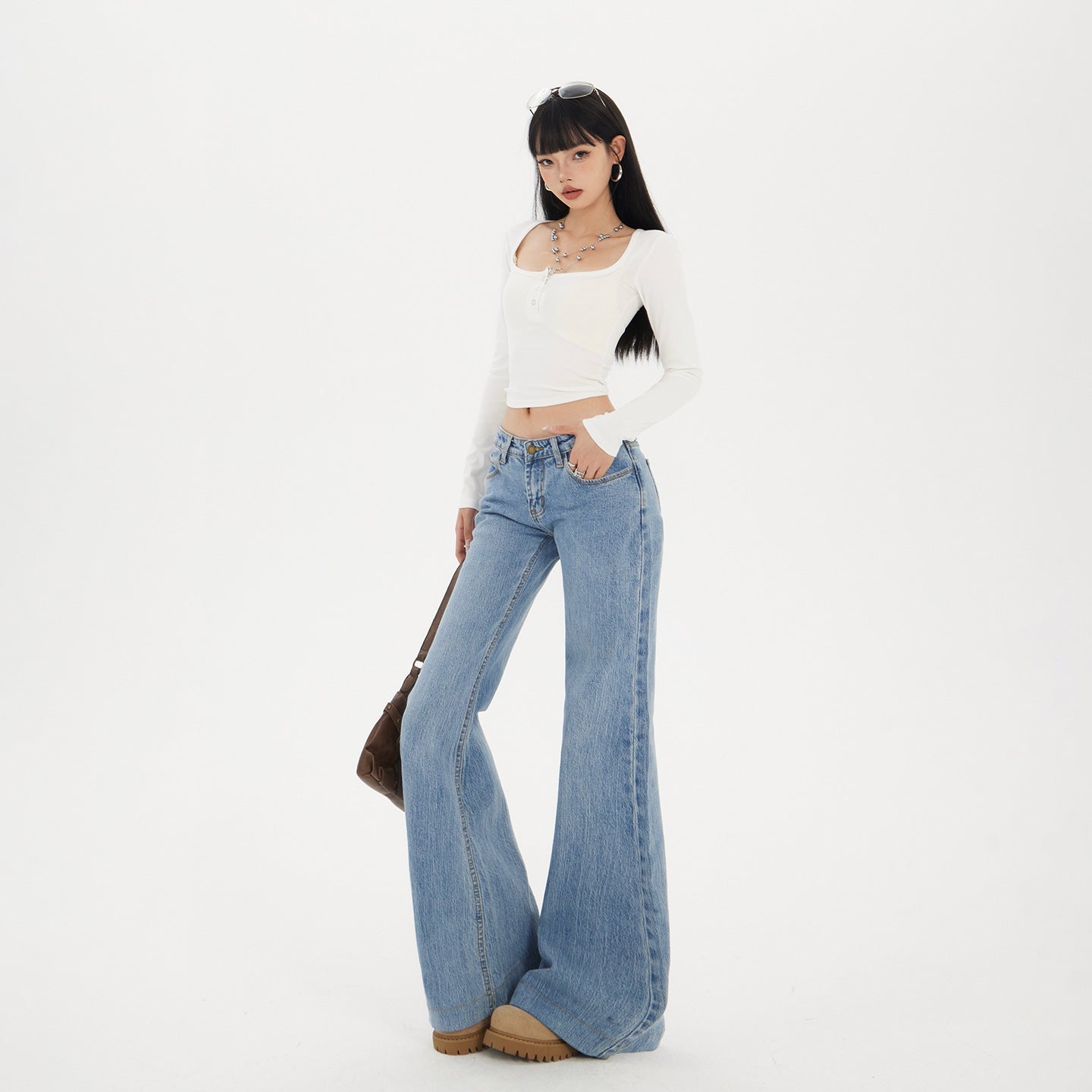 Women's Low Waist Flared Denim Pants - Slimming Elastic Floor-Length Trousers