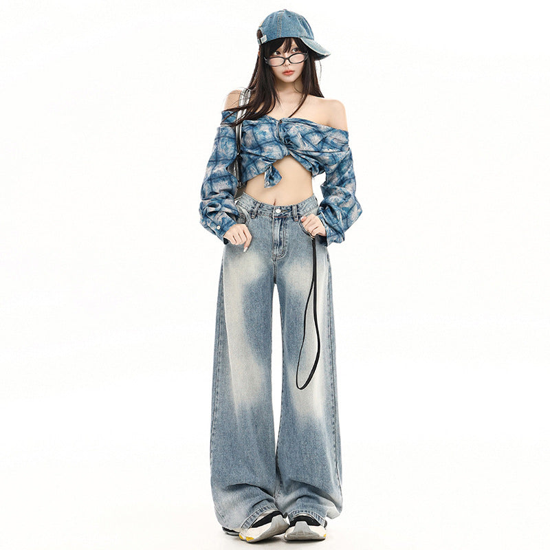 Light Blue Gradient Wide-Leg Jeans - Autumn Washed Design