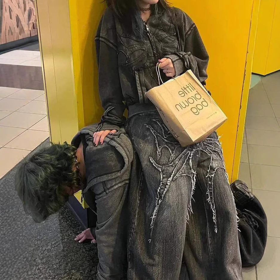 Denim Pants with Dark Line Design - Trendy Wide Leg Trousers