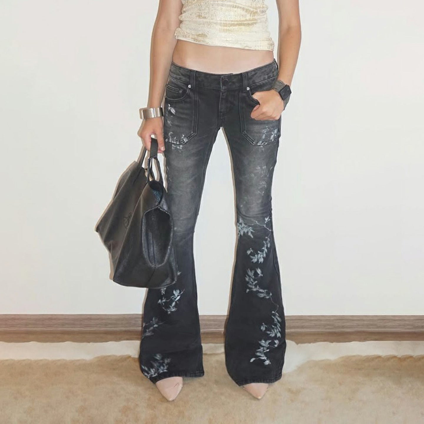 Vintage Printed Millennium Style Low Waist Slim Fit Jeans