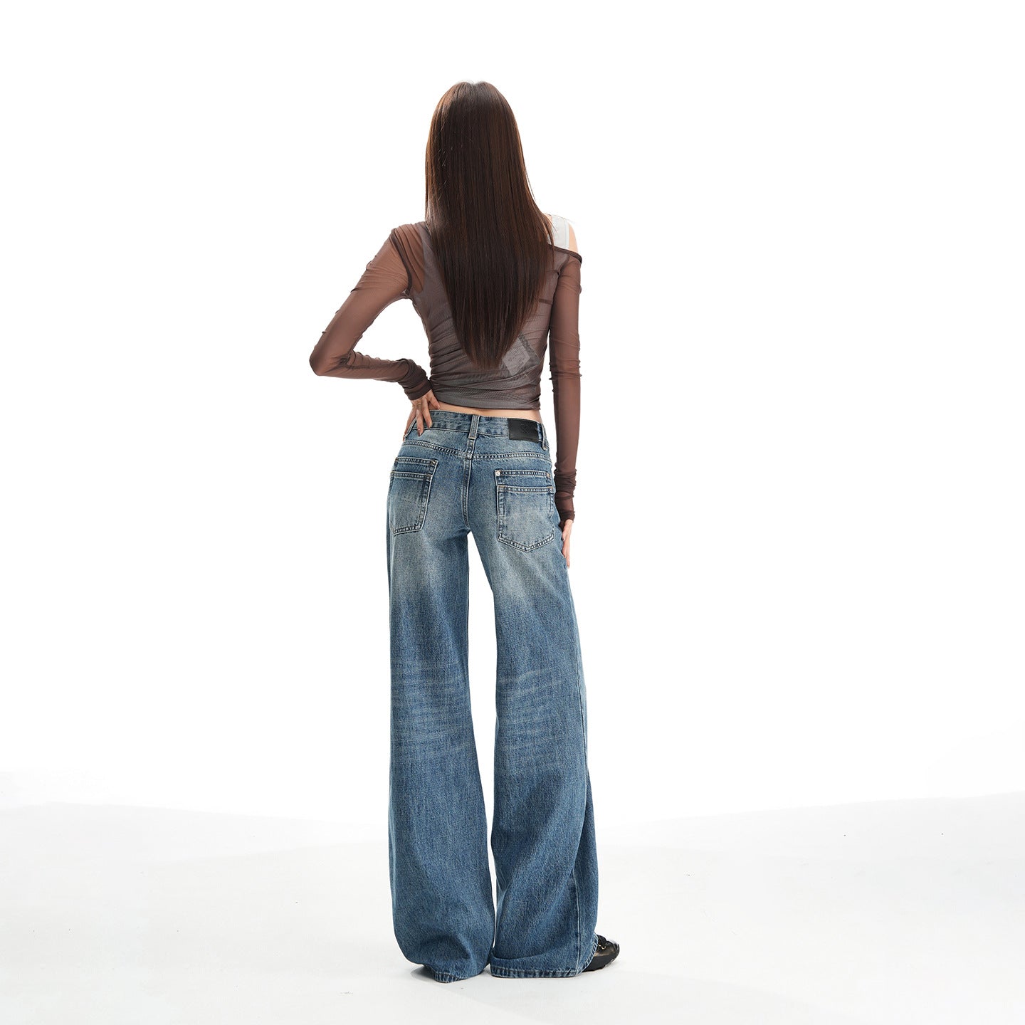 Women's Washed Low Waist Wide Leg Jeans - Loose Slim Floor-Length Pants