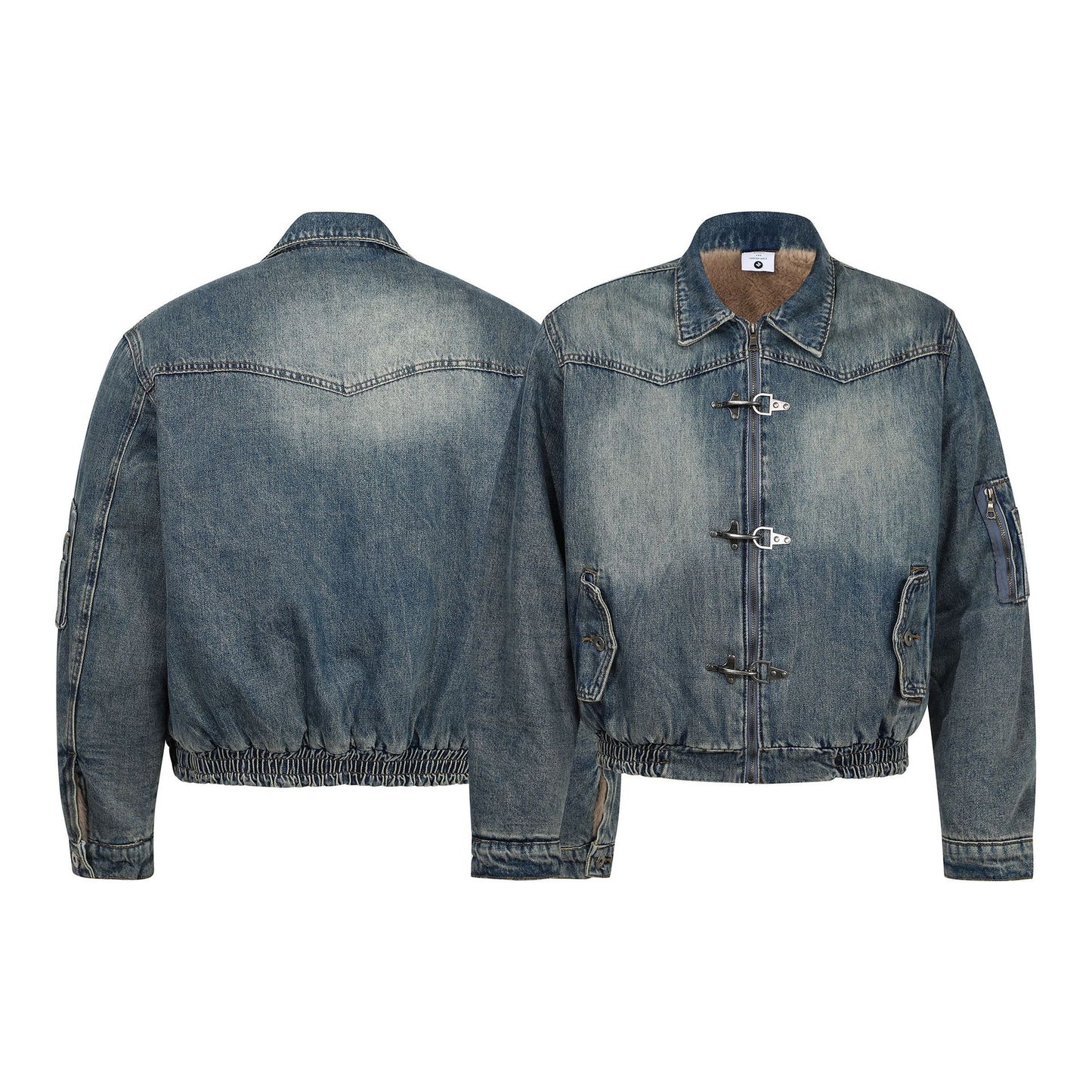 Vintage Winter Fashion Metal Snap Design Fleece Lined Thick Warm Men's Cotton Coat Denim Jacket