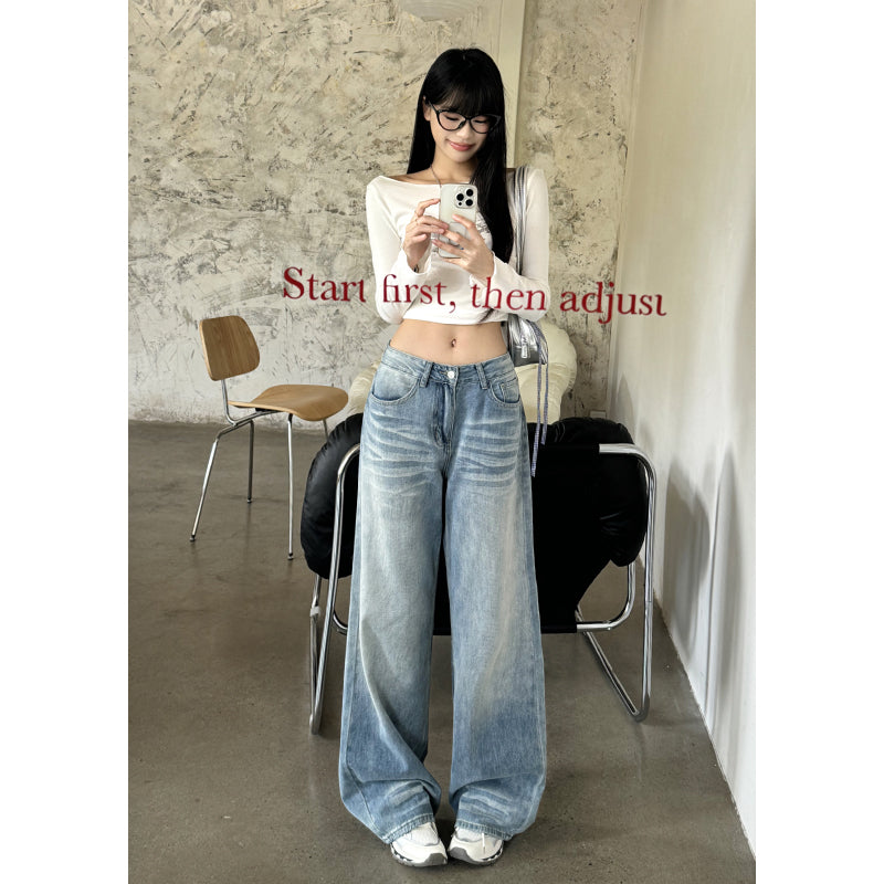 Light Blue Denim Pants Women - Water Washed Wide Leg Loose Straight Trousers