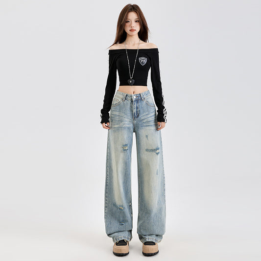 Denim Pants Spring New Washed Distressed Floor-Length Wide Straight Leg Pants for Women