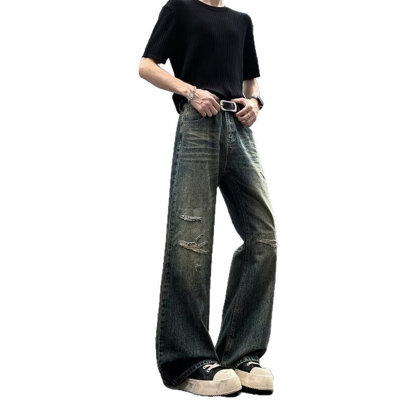 Ripped Denim Distressed Washed Loose Straight Leg Pants