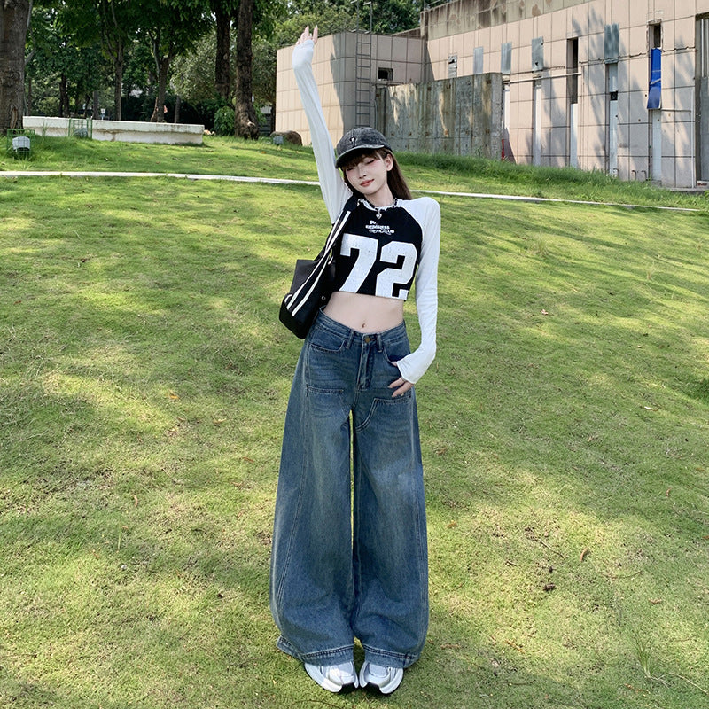 Retro Street Style High-Waist Loose Fit Slimming Versatile Washed Floor-Length Wide-Leg Jeans for Women