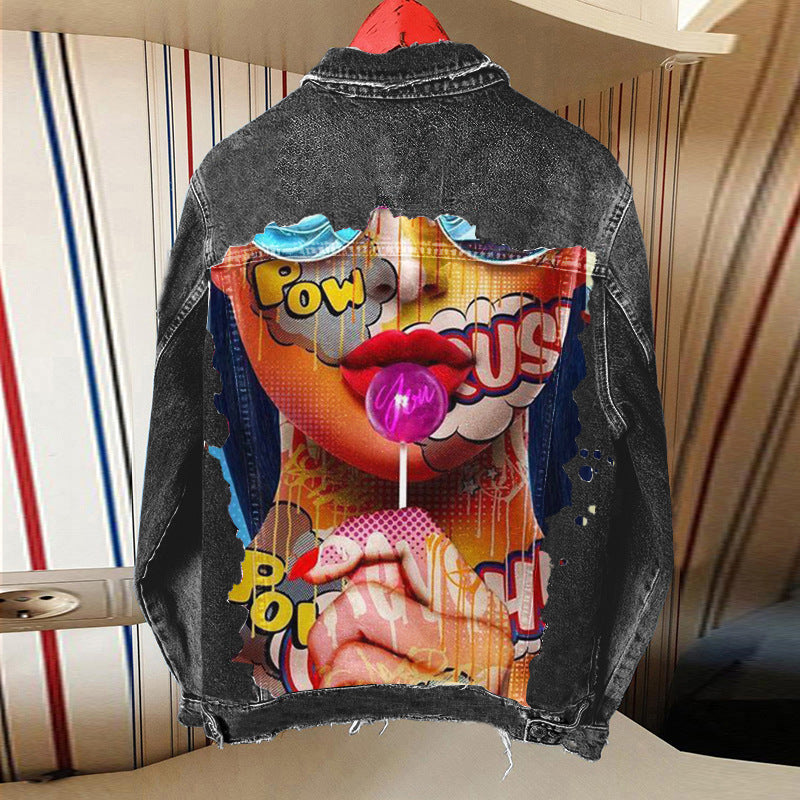 Women's Autumn Street Style Red Denim Jacket with Tongue Out Print