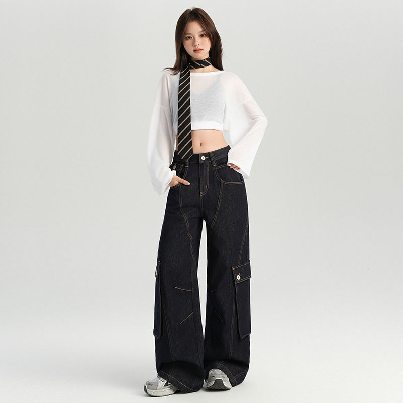 Women's Multi-Pocket Cargo Wide-Leg Jeans - Loose Slim Floor-Length Pants