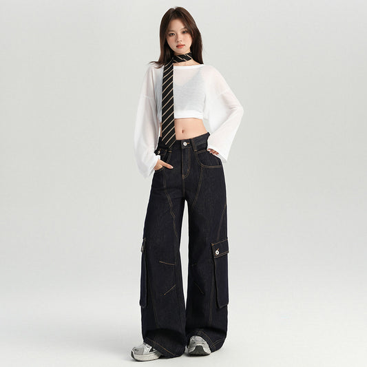 Women's Multi-Pocket Cargo Wide-Leg Jeans - Loose Slim Floor-Length Pants