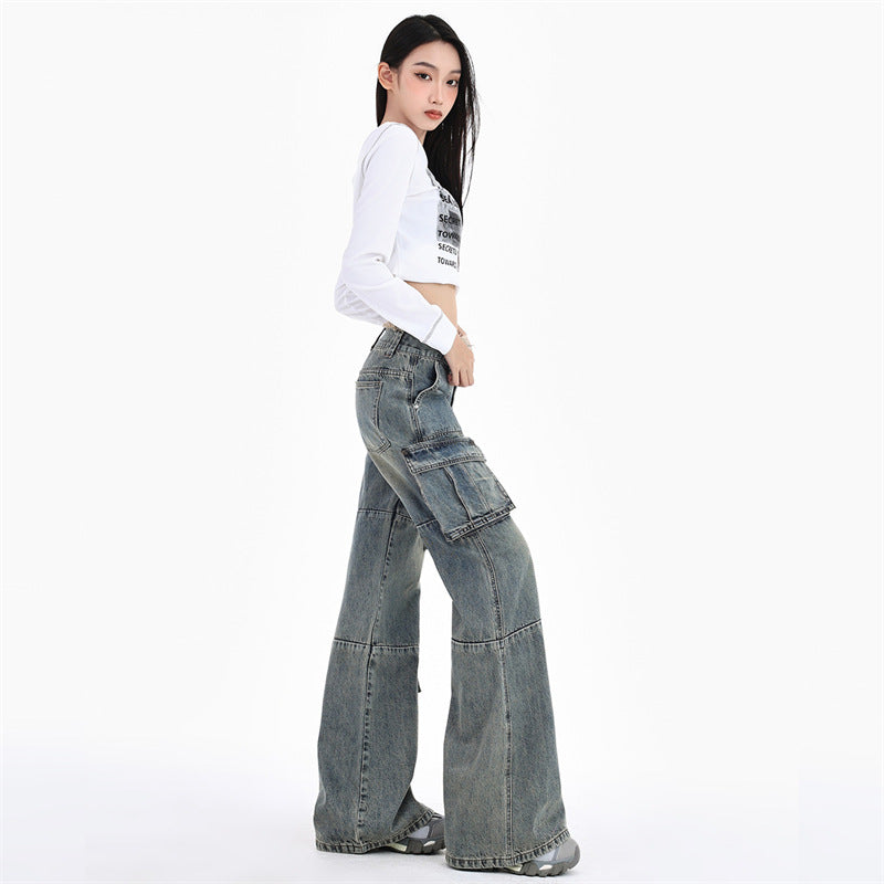 Women's High Waist Slim Wide Leg Denim Workwear Pants