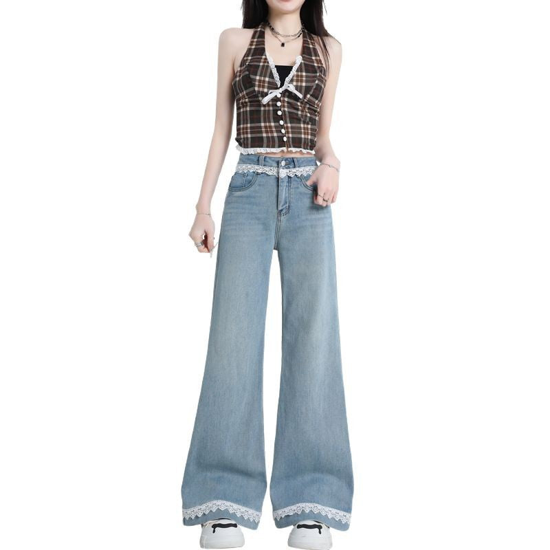 Lace Trim Wide Leg Jeans for Women - Slimming Flared Pants