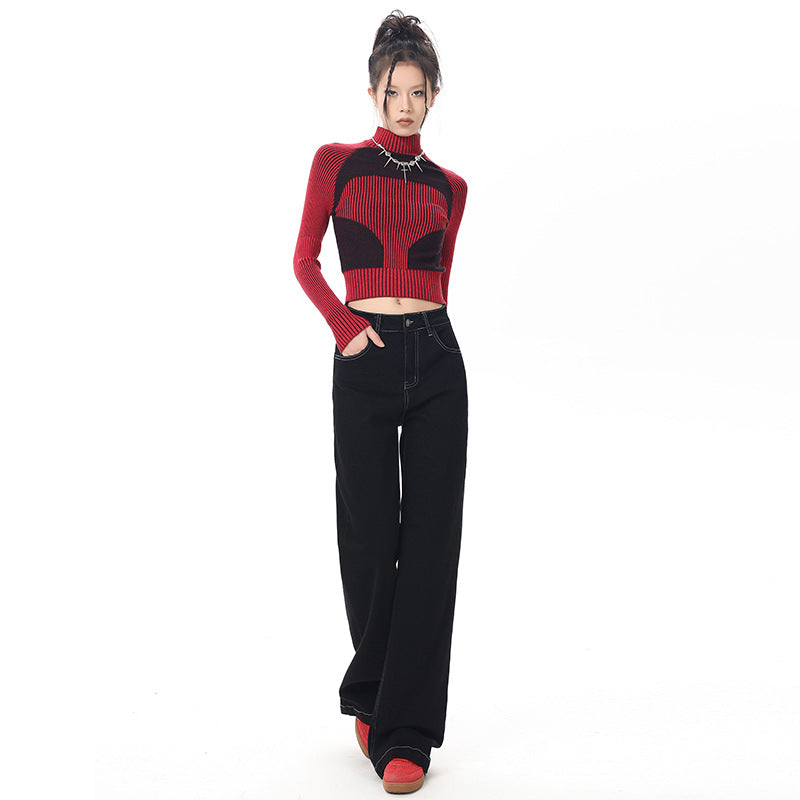 Women's Black Retro Wide Leg Jeans - Trendy Loose Floor-Length Pants