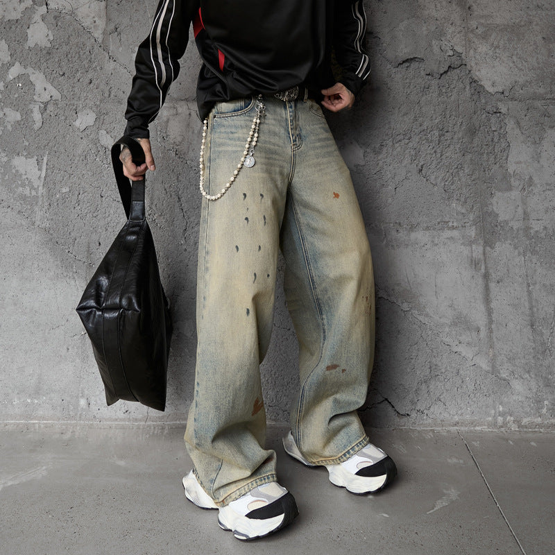 Streetwear Design Spray Painted Knife Pants for Men - Loose Fit Distressed Denim Jeans