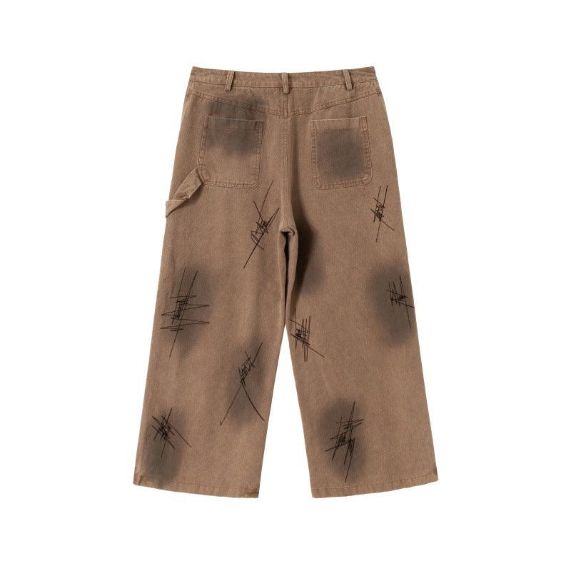 Scratched Patchwork Cold Transfer Printing Loose Straight Leg Jeans for Men