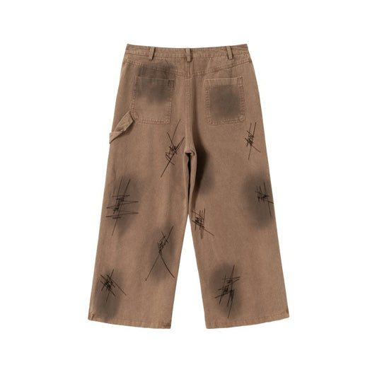 Scratched Patchwork Cold Transfer Printing Loose Straight Leg Jeans for Men
