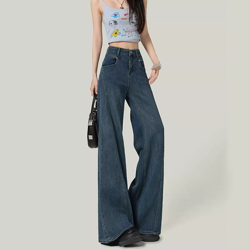 Retro Unique Wide-Leg Jeans for Women - Spring Autumn Spliced Straight Denim Pants