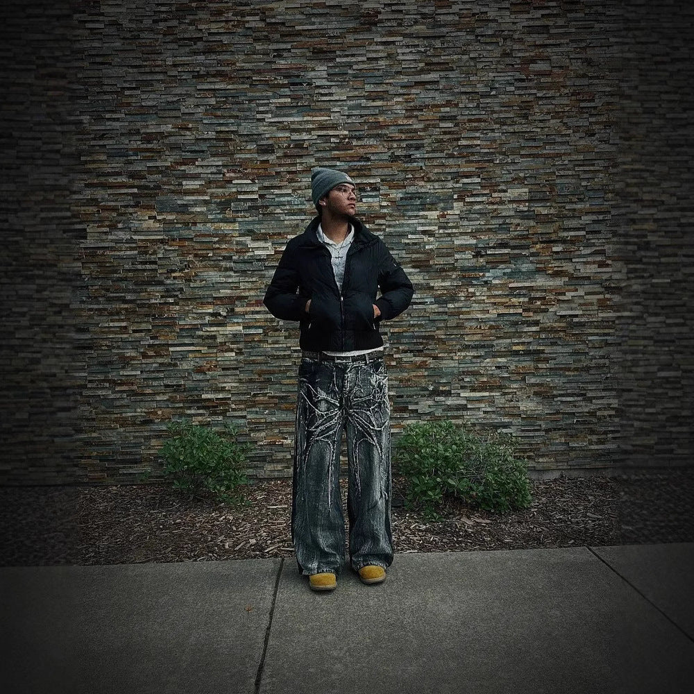 Denim Pants with Dark Line Design - Trendy Wide Leg Trousers